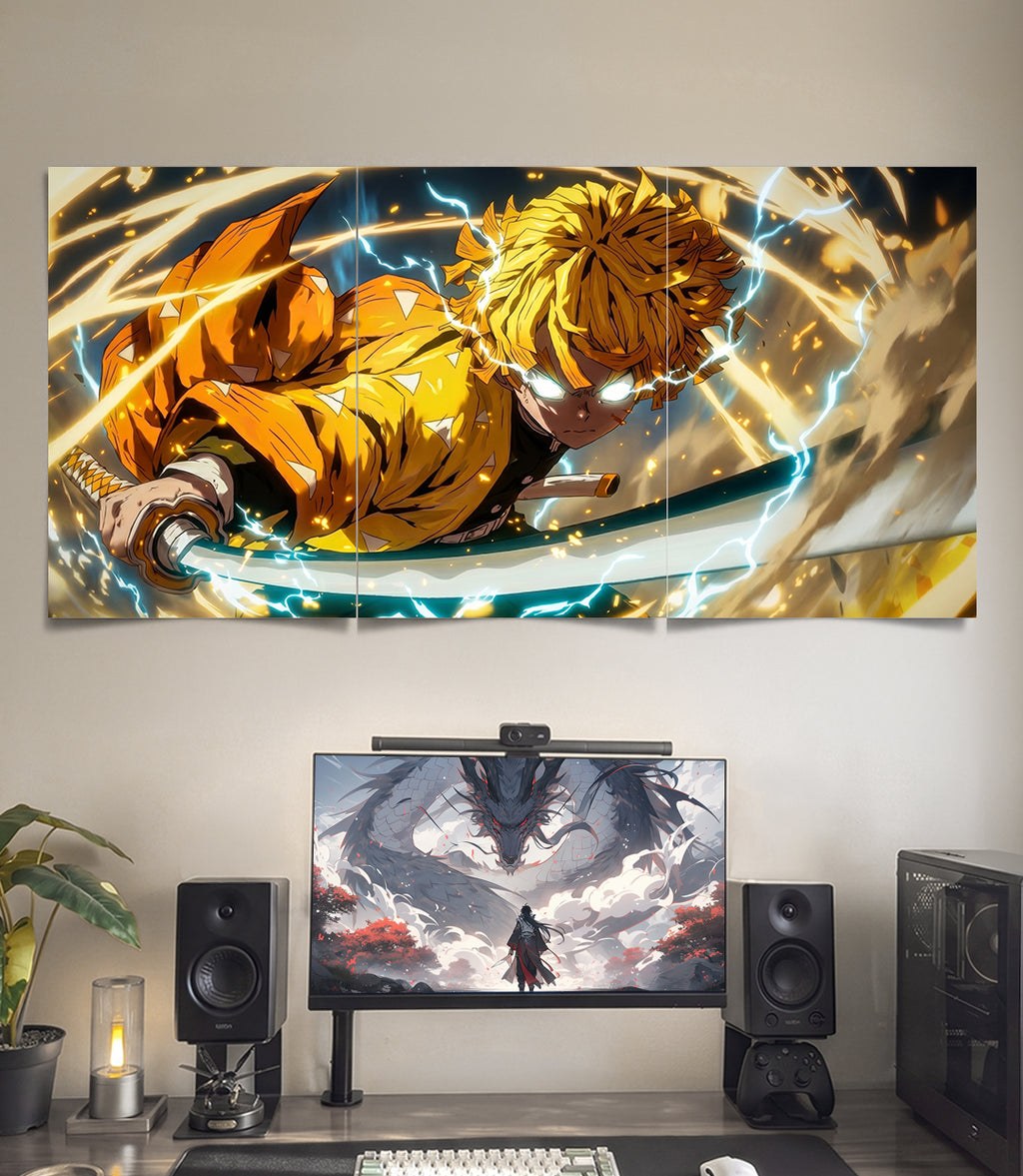 Zenitsu Lightning Strike | Demon Slayer | 3 Panel Wall Art