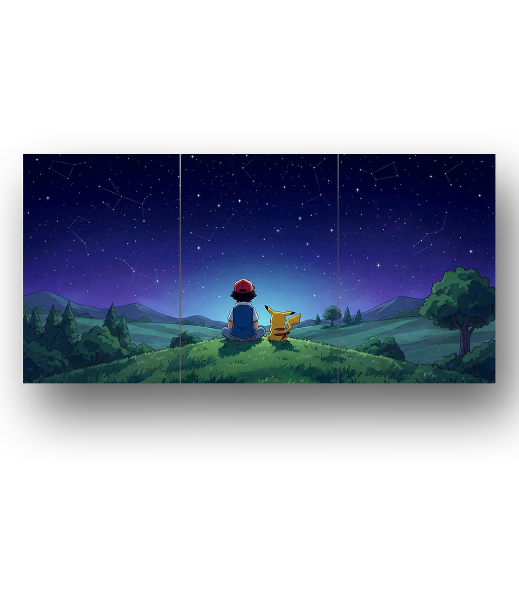 Ash Pikachu Starry Night | Pokemon | 3 Panel Wall Art