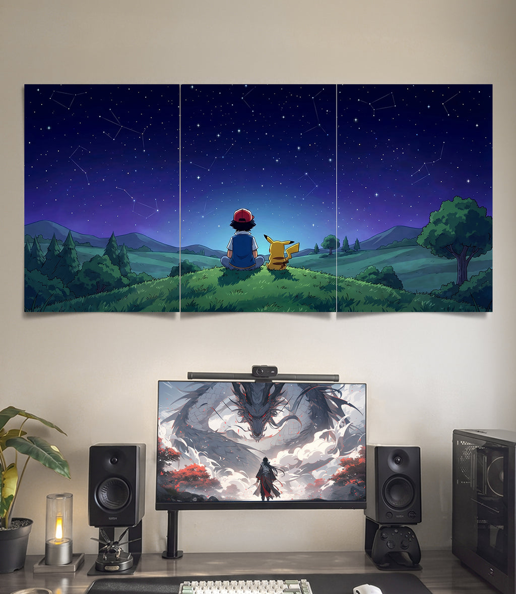Ash Pikachu Starry Night | Pokemon | 3 Panel Wall Art