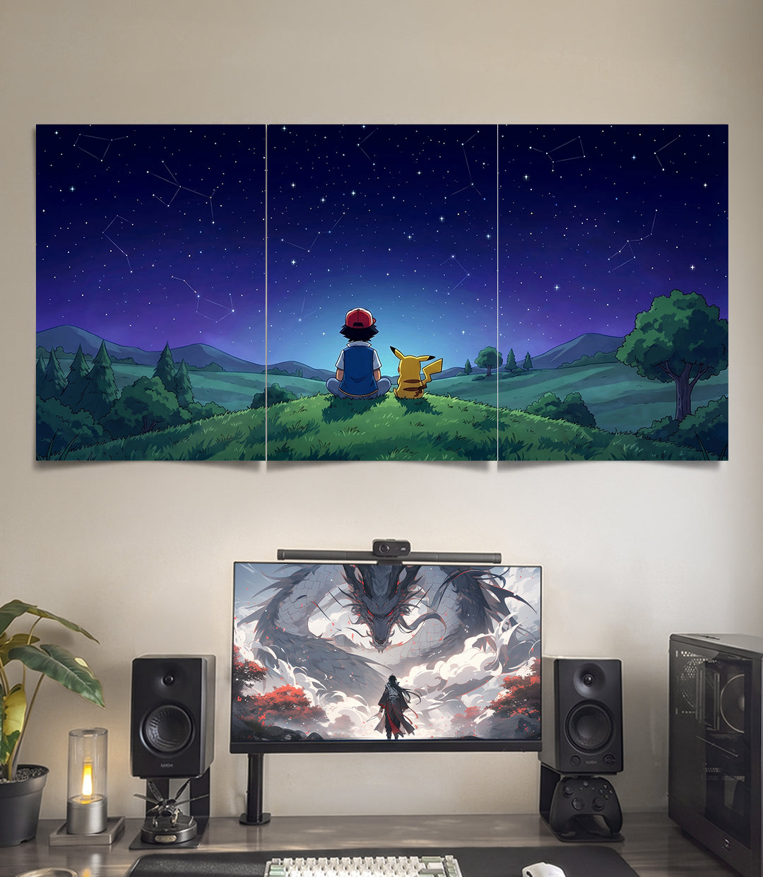 Ash Pikachu Starry Night | Pokemon | 3 Panel Wall Art