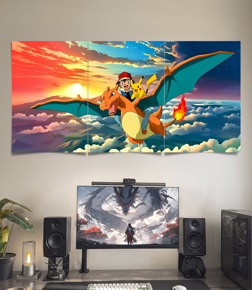 Charizard Sunset Sky Split | Pokemon | 3 Panel Wall Art