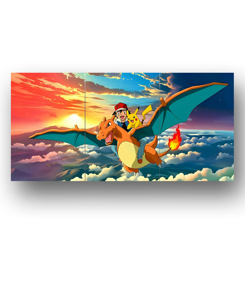 Charizard Sunset Sky Split | Pokemon | 3 Panel Wall Art